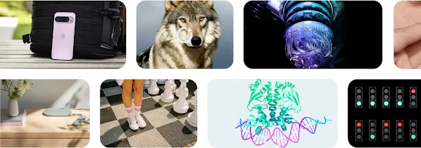 Eine Fotocollage, die unter anderem einen Wolf, eine Person auf einem riesigen Schachbrett und mehrere Pixel-Geräte zeigt.