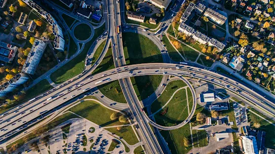 Aerial view of buildings and roadways 