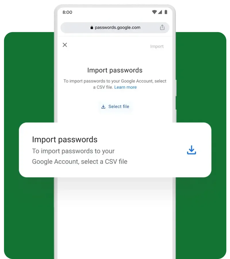 A mobile pop-up asks the user if they want to import passwords.