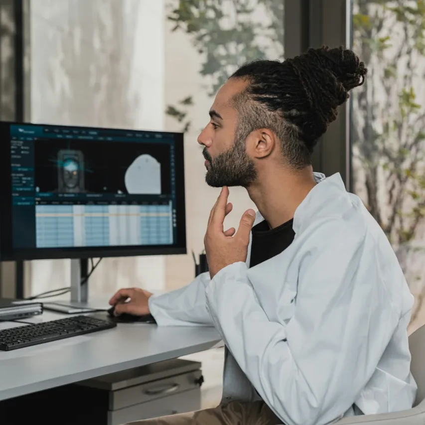 A man in a lab coat looking at a brain scan on a computer.