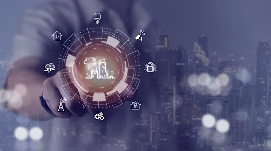 personal pushing holographic button around smart city icons