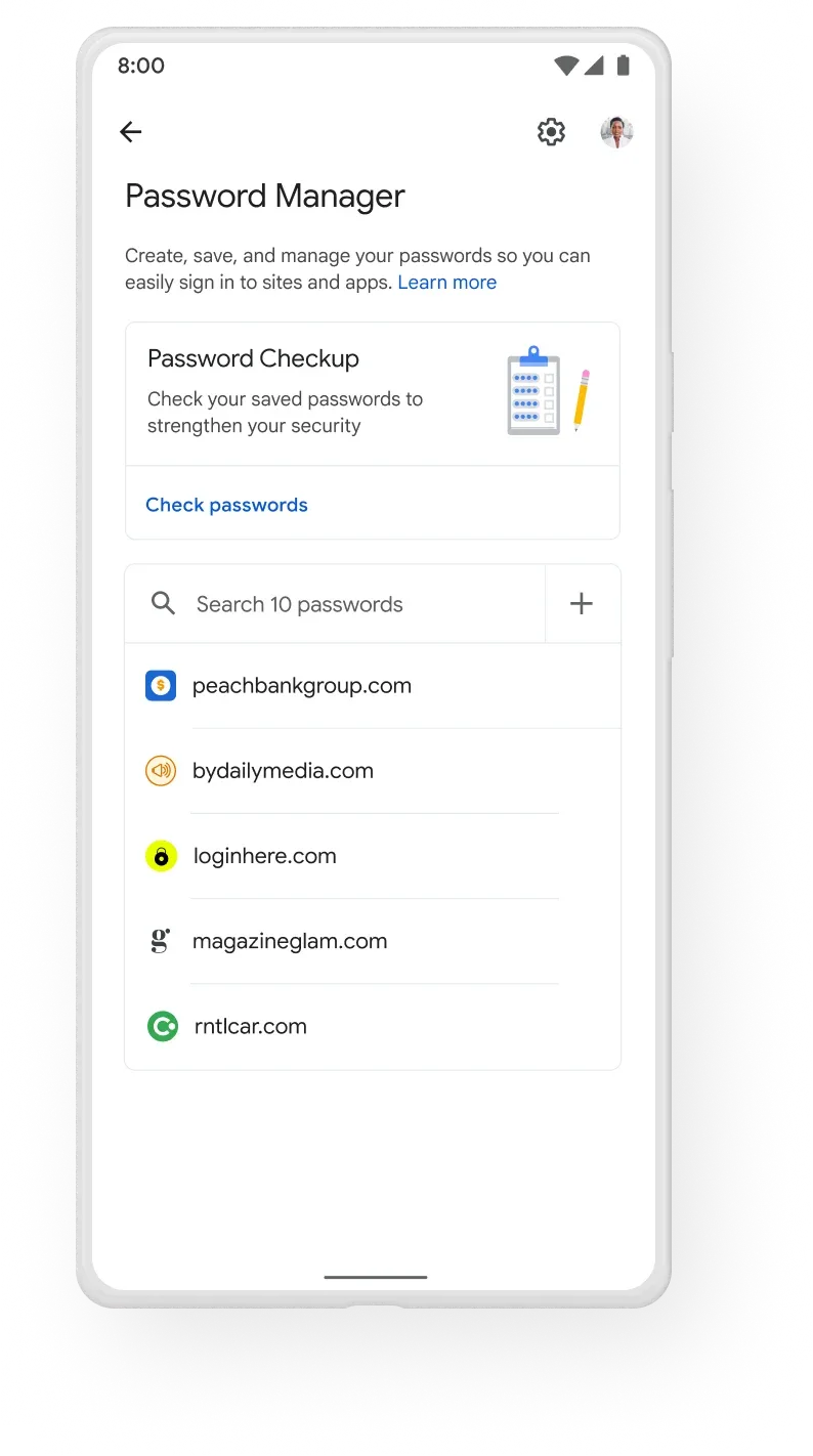 The Password Manager mobile dashboard shows the user their online accounts with saved passwords.