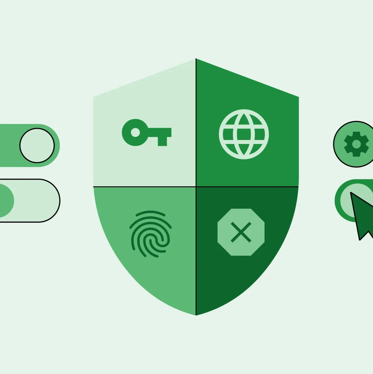 Image of a shield with various icons associated with internet security on it
