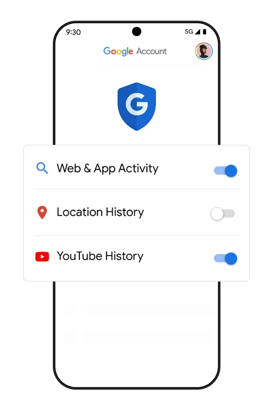 Phone graphic with history-settings toggles.