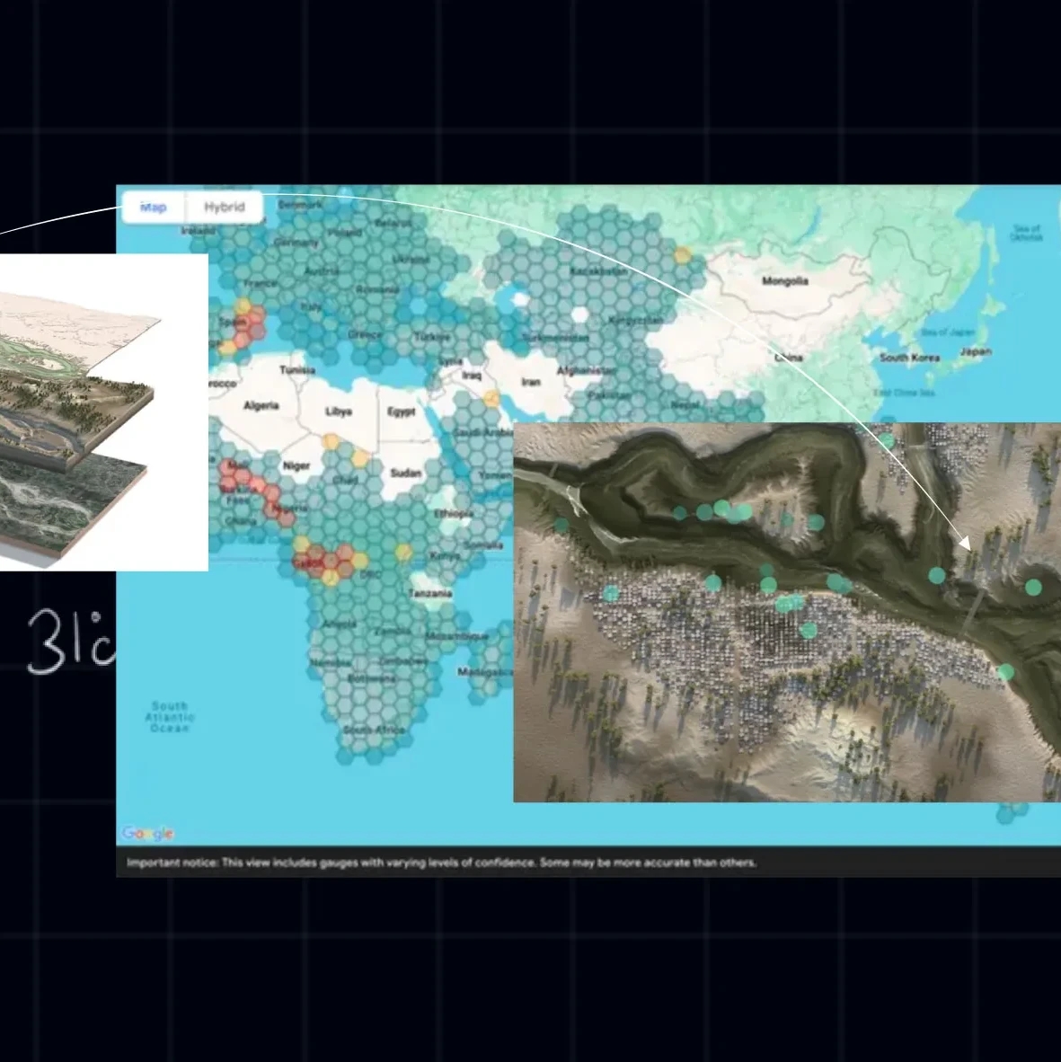 An illustrated collage of topographical layered maps