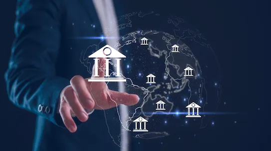  human pressing on holographic government building logos in globe pattern