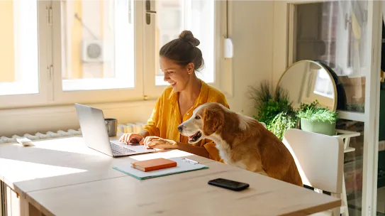 Ein Foto einer Frau, die zu Hause an ihrem Laptop arbeitet, während ihr Hund neben ihr liegt