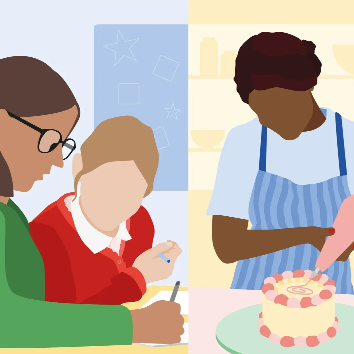 3 illustrations, woman and daughter doing homework; woman icing a cake; man on his phone.