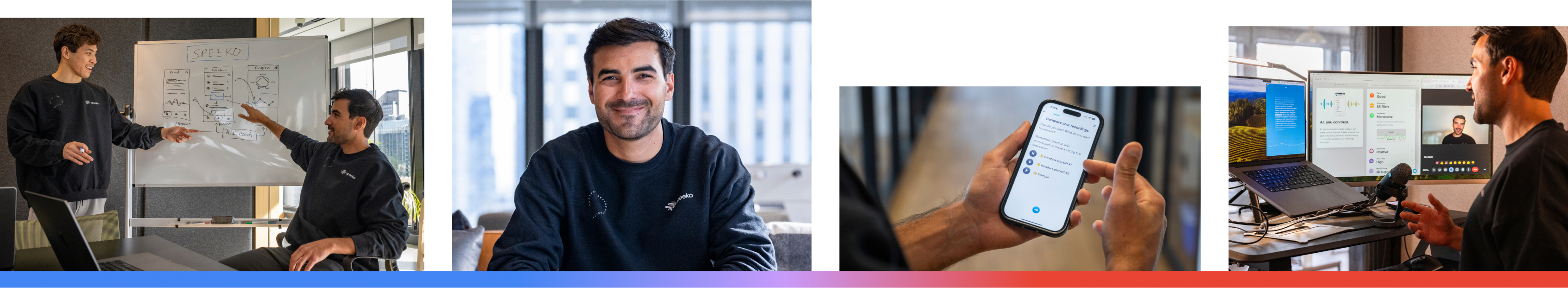 Four images of a man with dark hair wearing a black sweatshirt in an office setting above a blue and red gradient line
