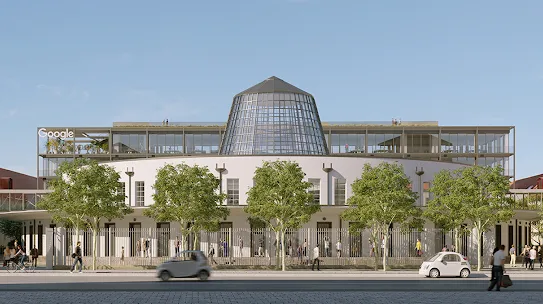 A computer-generated image showing the front-facing view of the new Arnulfpost building in Munich, which has a glass dome with a peaked top.