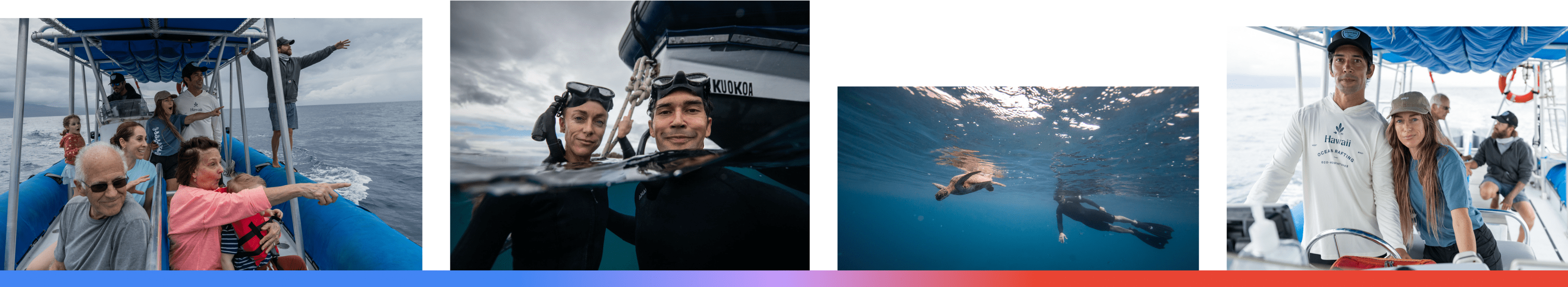 A series of four images showing Toni Colombo and her husband as they operate their business, Hawaii Ocean Rafting
