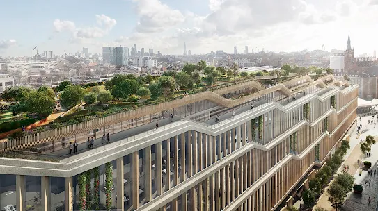 A computer generated image showing the roof of Google’s new building on King’s Boulevard, workers are pictured on the terrace and the roof itself is lined with trees and plants.