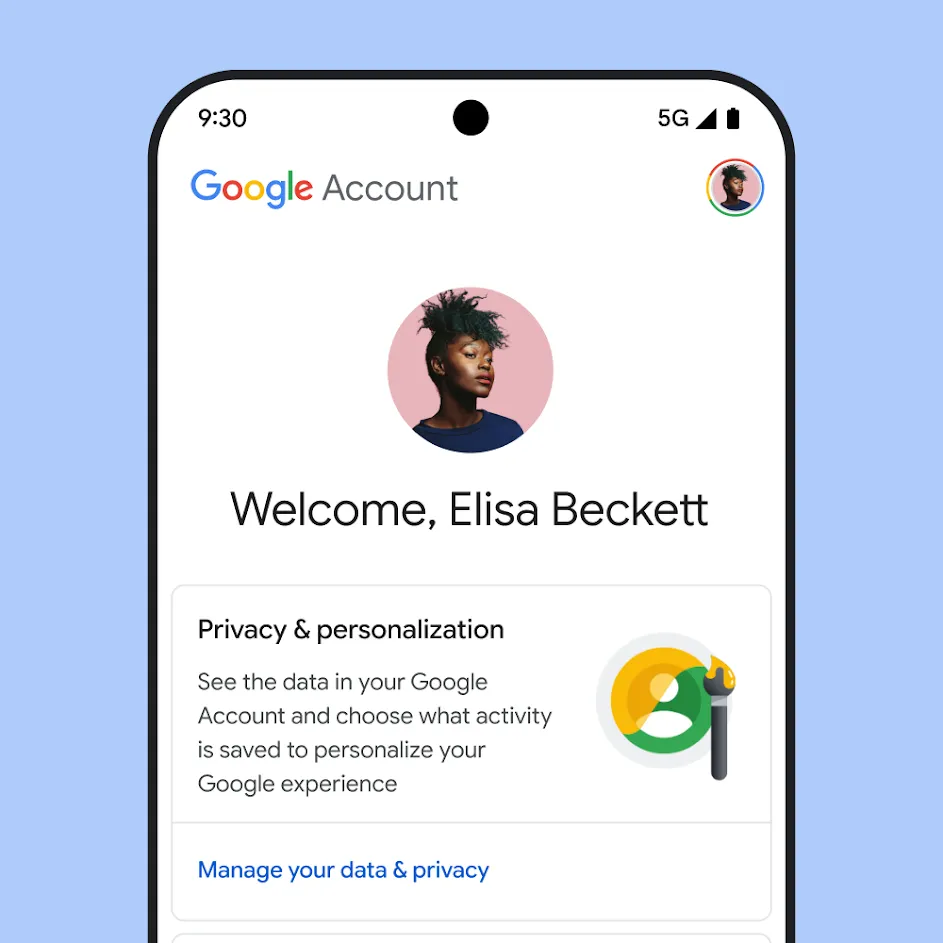 Image of Google My Account UI, including messaging about privacy and personalization, and a link to manage your data and privacy.