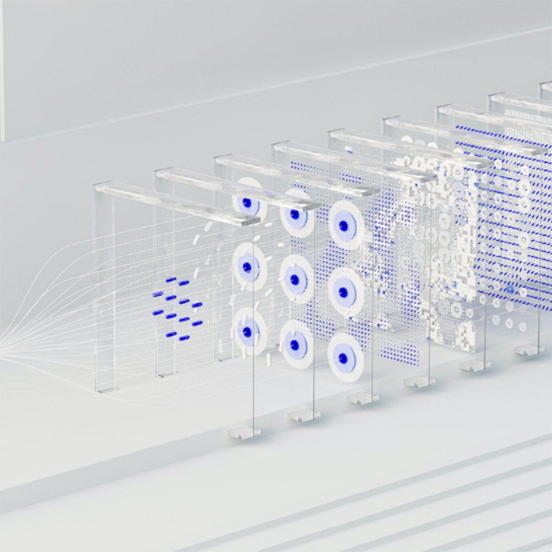 A line of clear panels with various blue dots, white dots and shapes