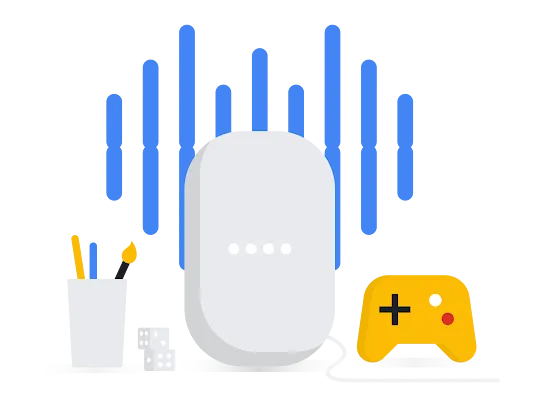 Ilustración de un portalápices, un dispositivo Google Nest y un control de juegos delante de unas líneas verticales