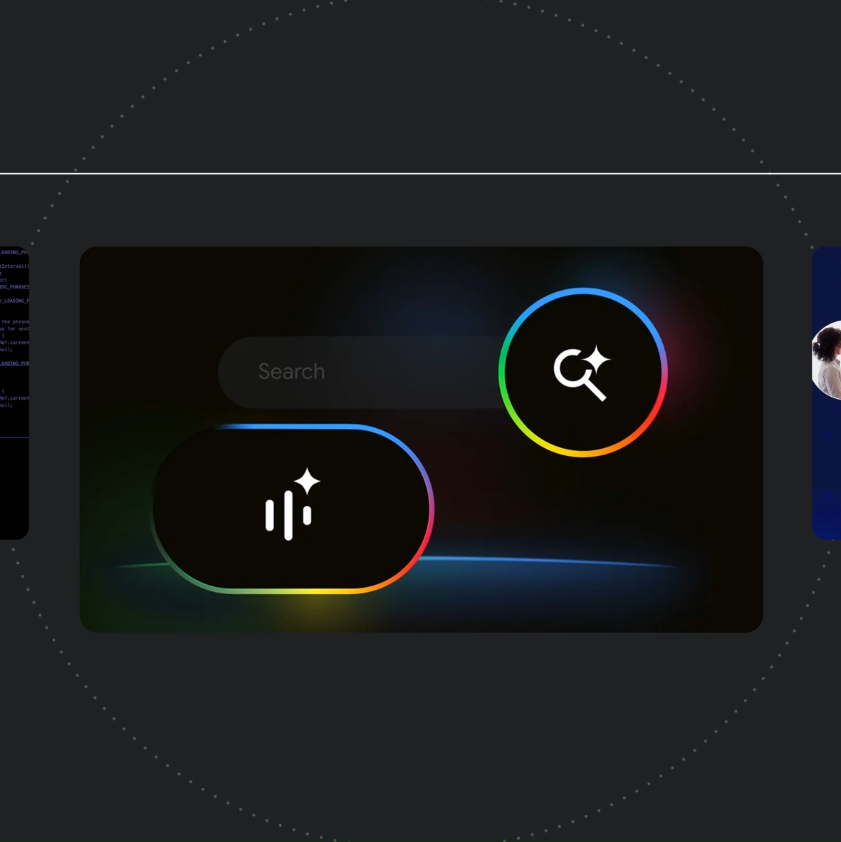 A carousel of images show people and dark blue icons including a magnifying glass