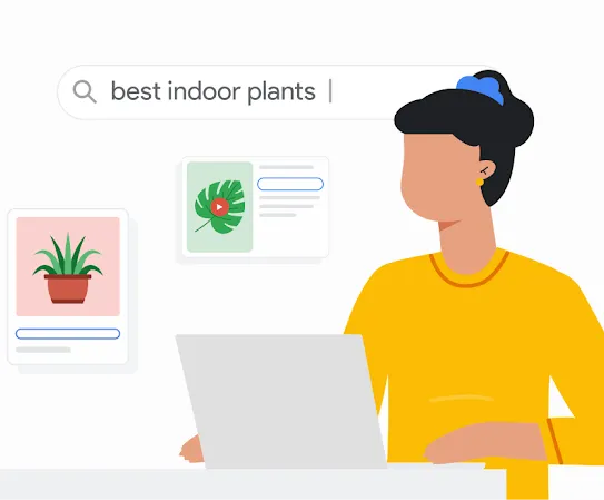 Illustrazione di una persona che cerca su Google le migliori piante da interno