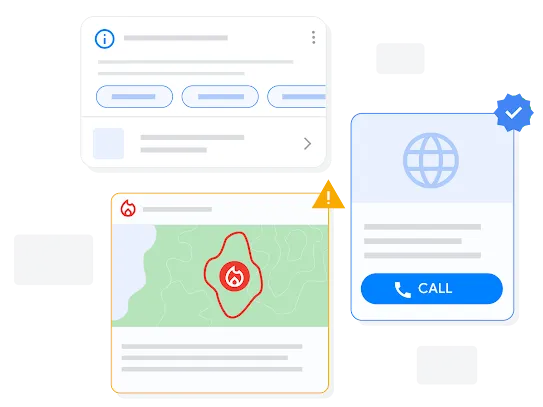 Ilustración de resultados de búsquedas que muestran noticias de última hora, alertas de emergencia y detalles de contacto
